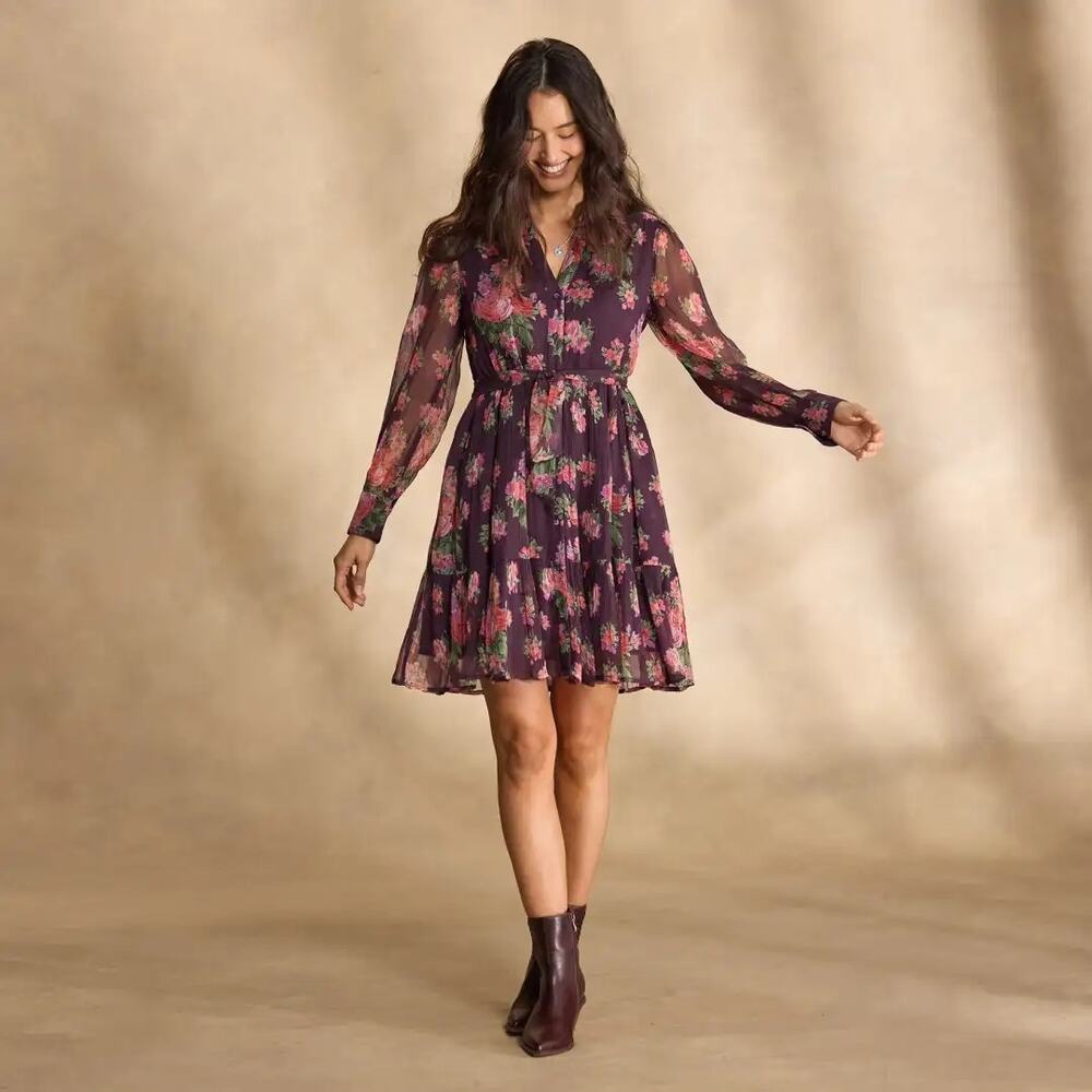 Sundance Altenburg Purple Floral Crinkle Tiered Button Front Dress Medium Boho